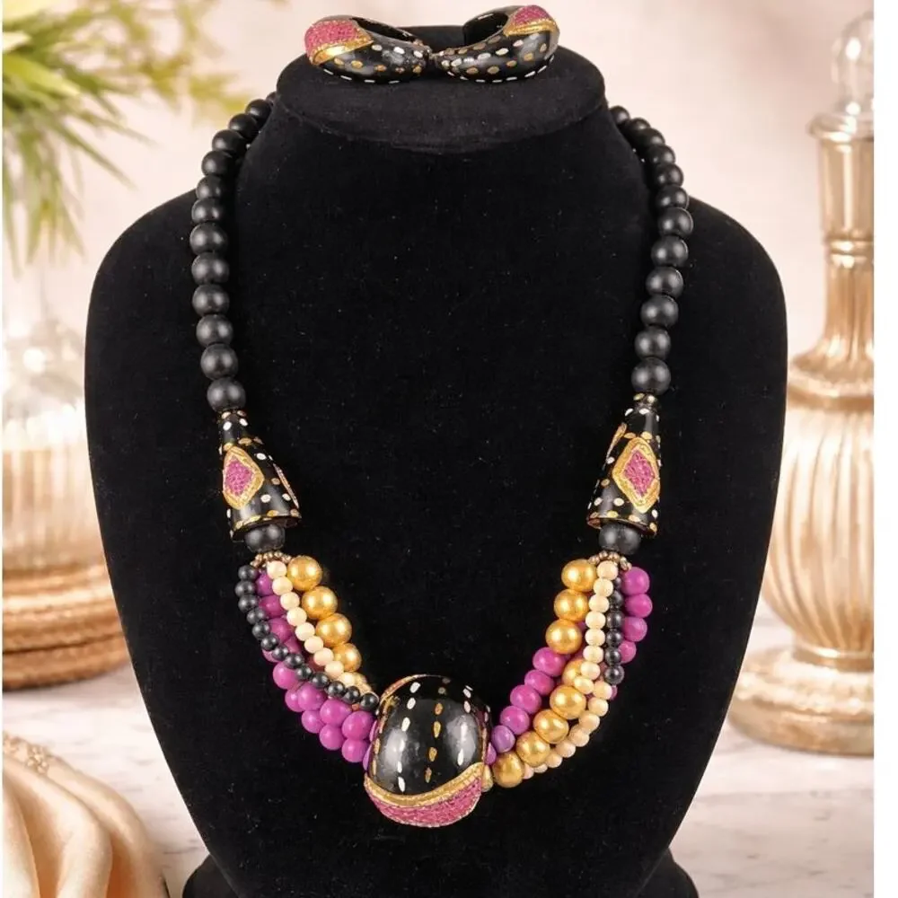Hand Painted Wood Beaded Necklace & Earring Set Black Gold Magenta Statement